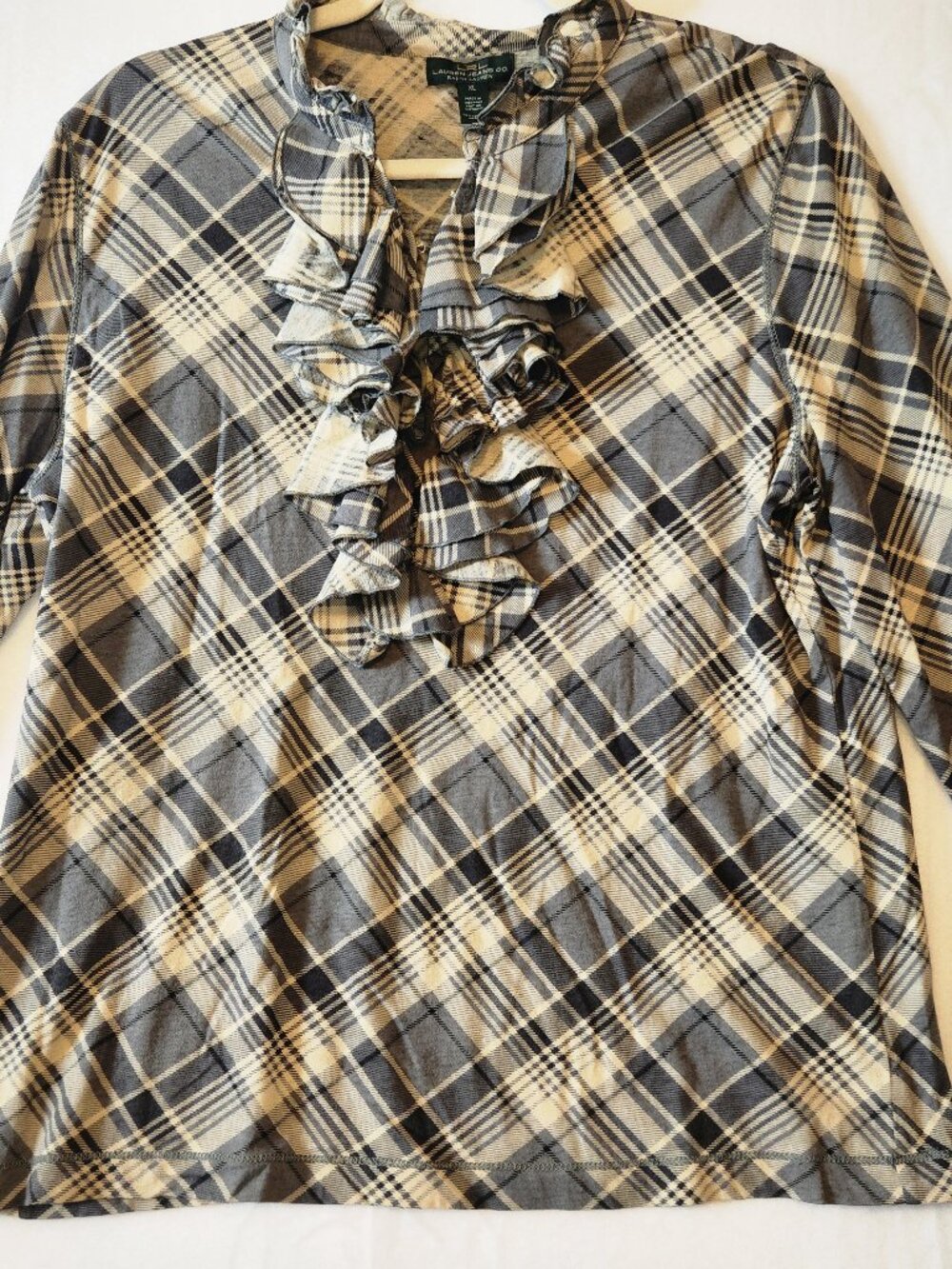 Vintage Ralph Lauren Plaid Long Sleeve Ruffle Front Blouse XL
